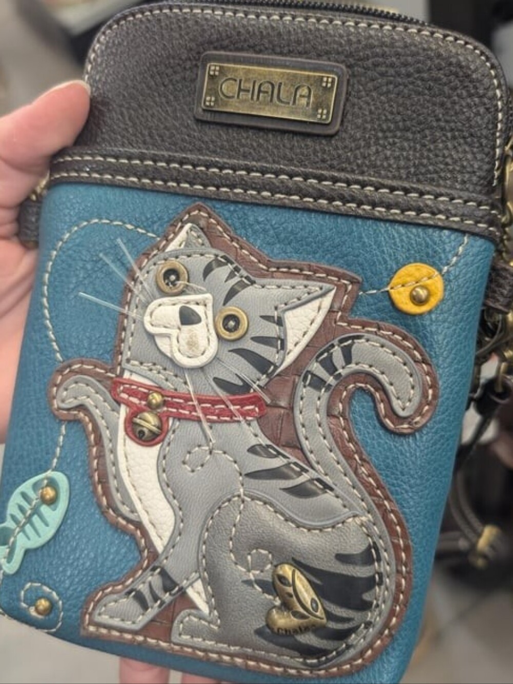 New Chala Cell Phone Purse Crossbody Vegan Convertible TABBY CAT Turquoise Blue
